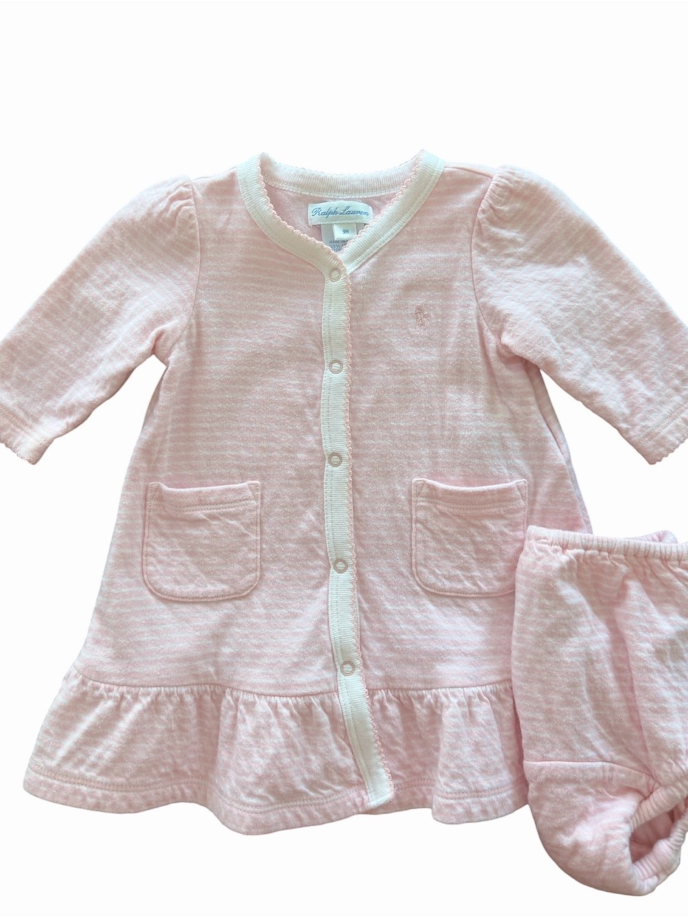 Ralph Lauren Pink Stripe Cotton Snap Front Dress & Bloomer Set 9M
